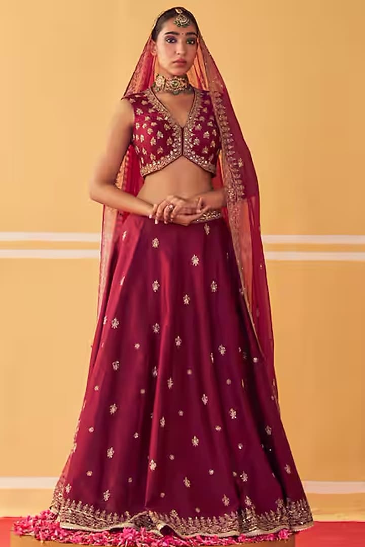 Wine Chanderi & Organza Sequins Embroidered Wedding Lehenga Set by Jigar Mali at Pernia's Pop Up Shop