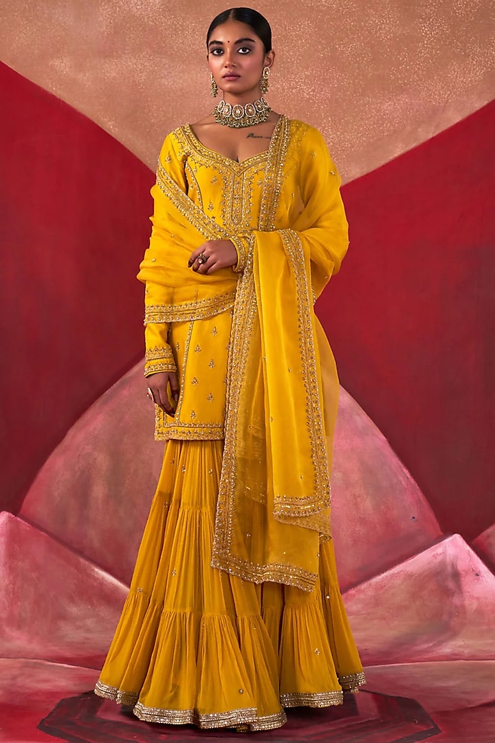 Yellow Georgette Gharara Set by Jigar Mali at Pernia's Pop Up Shop