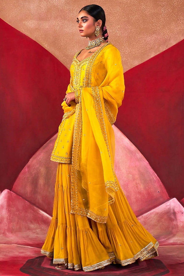 Yellow Georgette Gharara Set by Jigar Mali at Pernia's Pop Up Shop