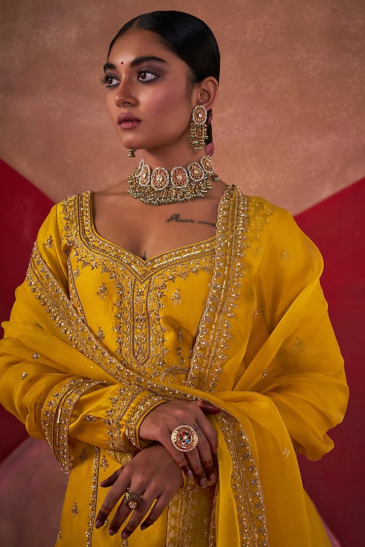Yellow Georgette Gharara Set by Jigar Mali at Pernia's Pop Up Shop