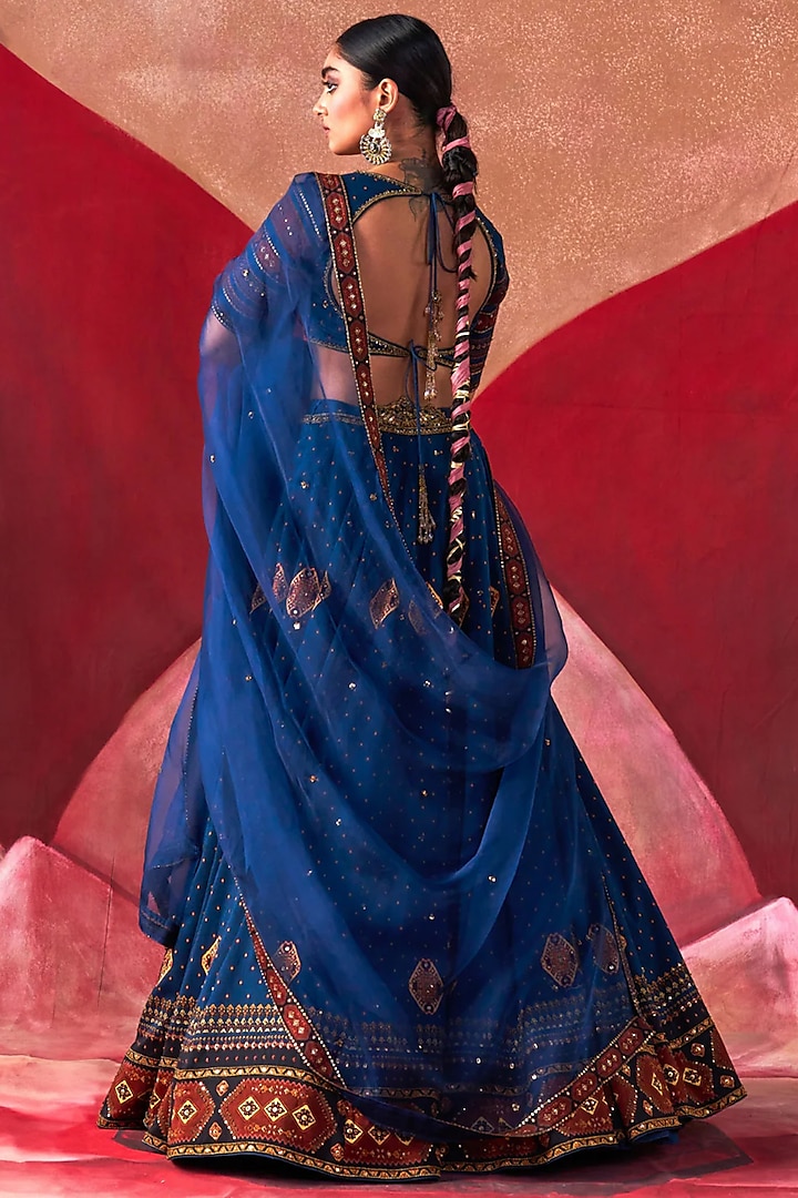 Teal Blue Chanderi & Organza Hand Embroidered Wedding Lehenga Set by Jigar Mali at Pernia's Pop Up Shop
