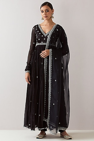 Black Chinon Chiffon Aari Embroidered Anarkali Set by Jigar Mali
