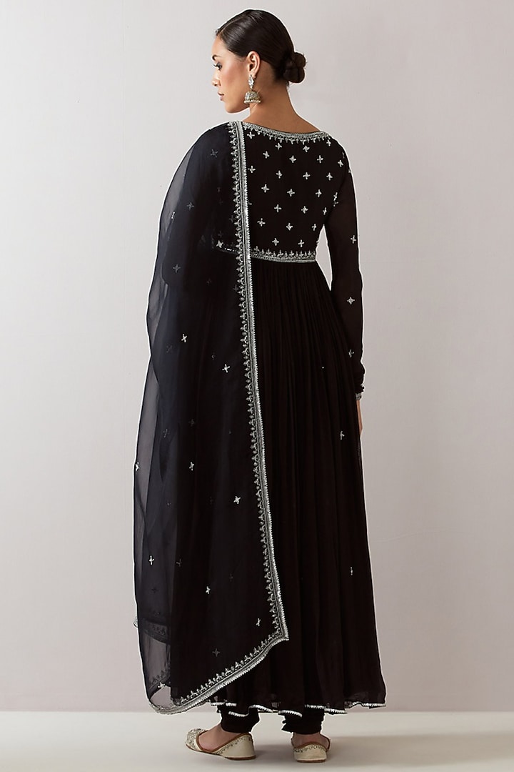 Black Chinon Chiffon Aari Embroidered Wedding Anarkali Set by Jigar Mali at Pernia's Pop Up Shop