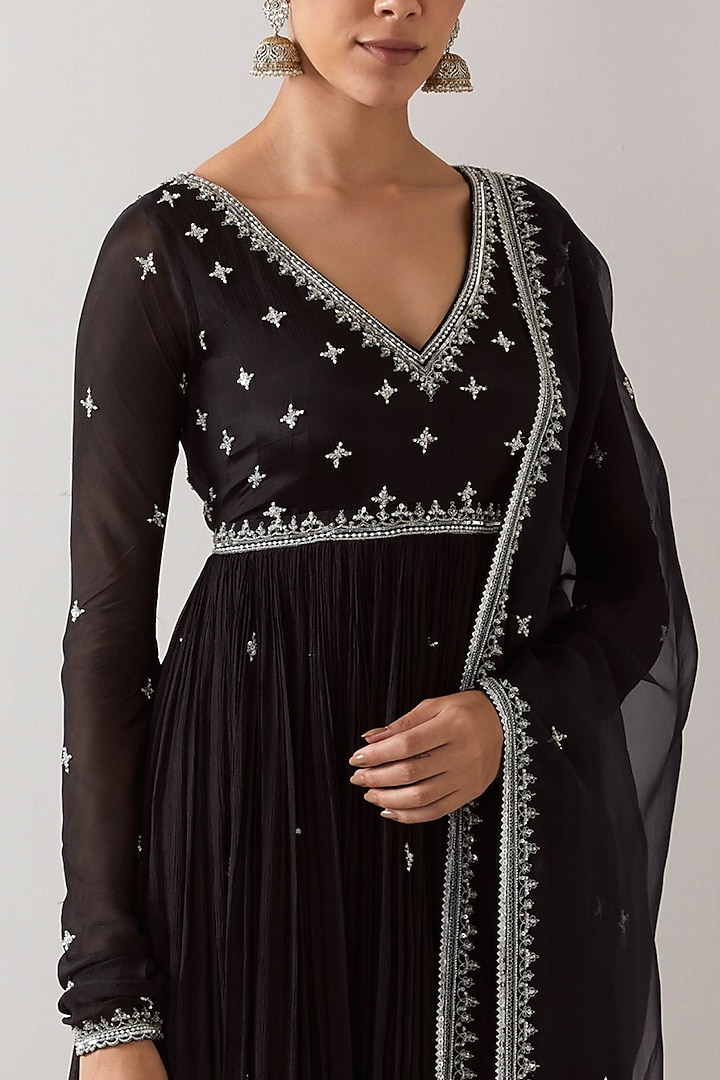 Black Chinon Chiffon Aari Embroidered Wedding Anarkali Set by Jigar Mali at Pernia's Pop Up Shop