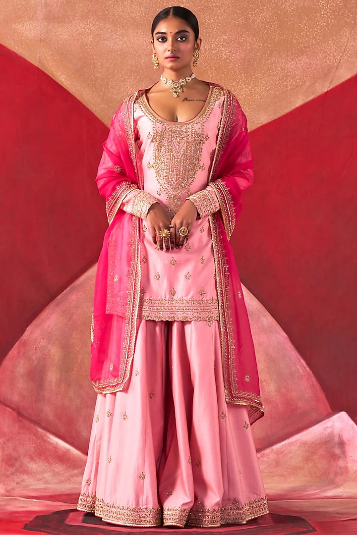 Peach-Pink Chanderi Silk Hand Embroidered Gharara Set by Jigar Mali at Pernia's Pop Up Shop