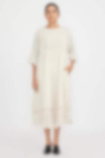 Ivory Chiffon & Linen Handcrafted Midi Summer Dress by Jayati Goenka at Pernia's Pop Up Shop