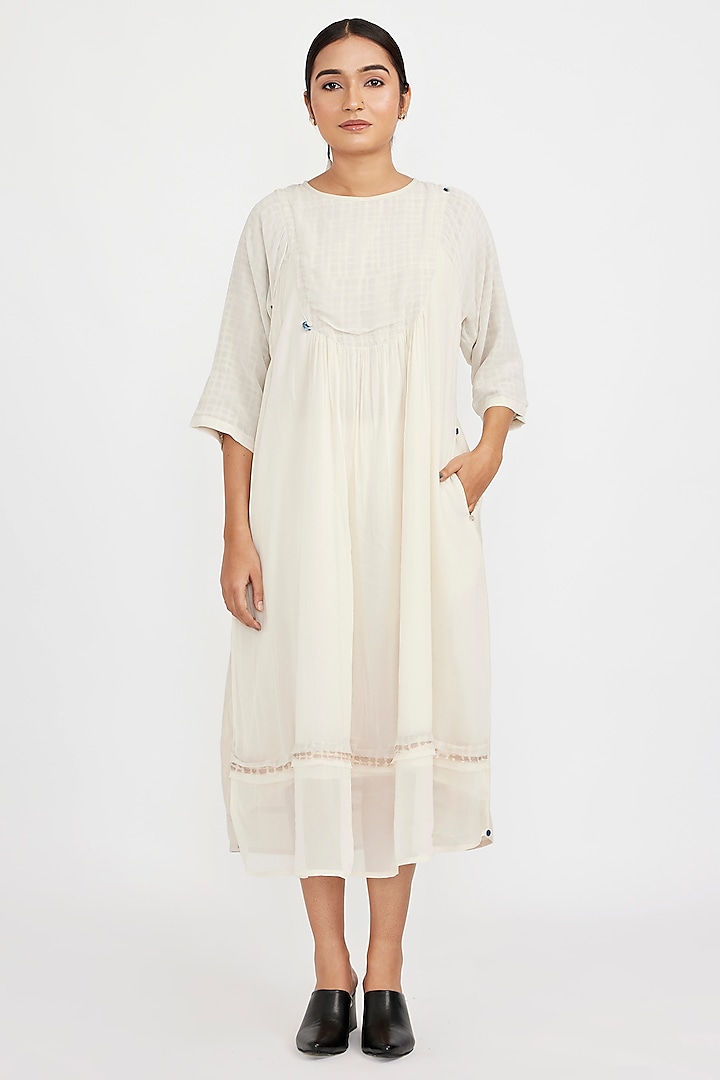 Ivory Chiffon & Linen Handcrafted Midi Summer Dress by Jayati Goenka at Pernia's Pop Up Shop