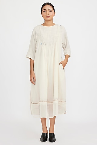 Ivory Chiffon & Linen Handcrafted Midi Dress by Jayati Goenka