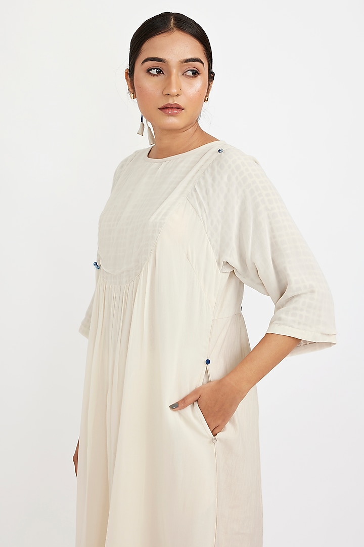 Ivory Chiffon & Linen Handcrafted Midi Dress Design by Jayati Goenka at ...