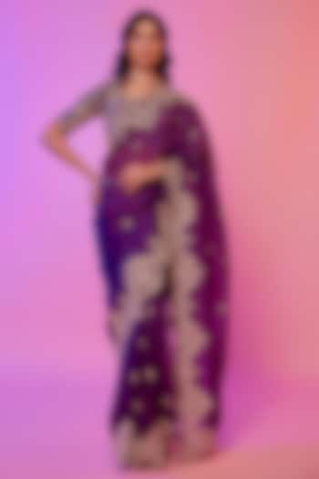 Purple Silk Organza Zardosi Embroidered Wedding Saree Set by JUHI SHEKHAWAT at Pernia's Pop Up Shop