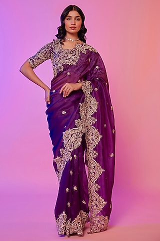 Purple Silk Organza Zardosi Embroidered Saree Set by JUHI SHEKHAWAT