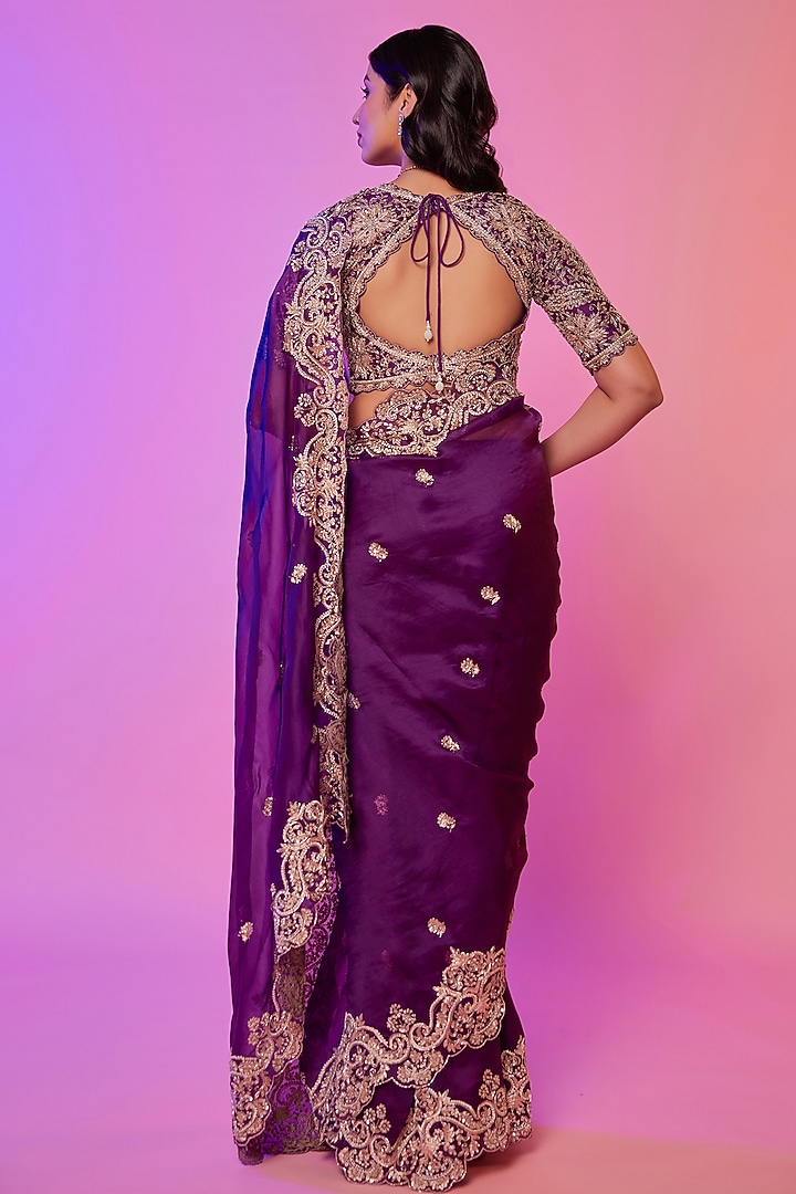 Purple Silk Organza Zardosi Embroidered Wedding Saree Set by JUHI SHEKHAWAT at Pernia's Pop Up Shop