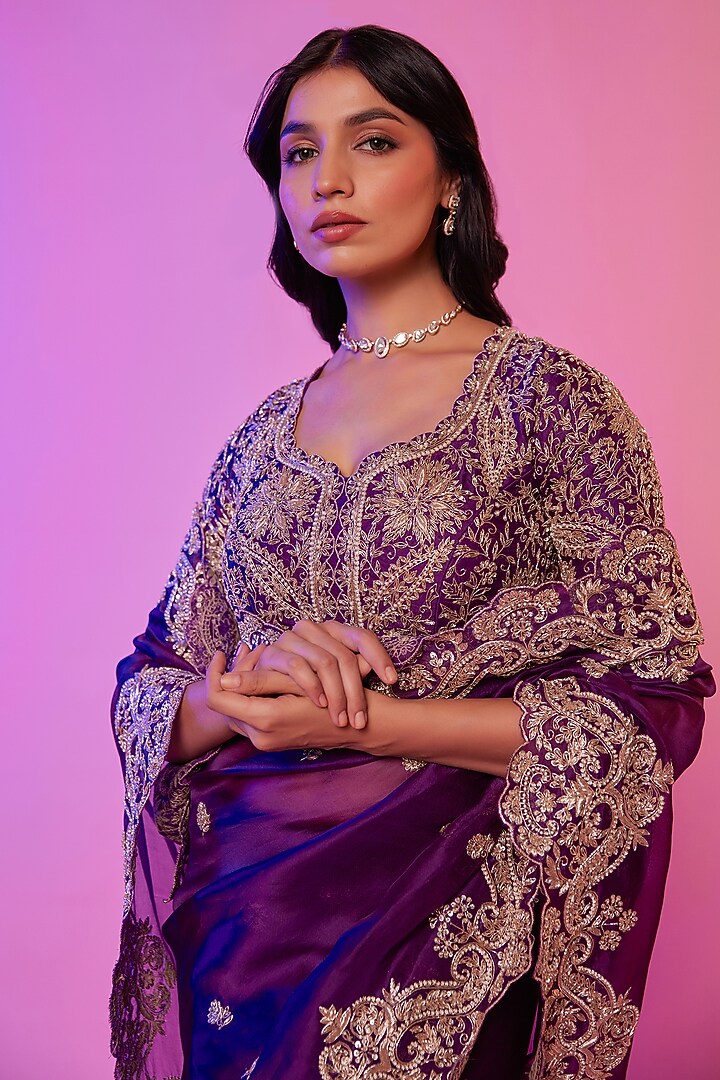 Purple Silk Organza Zardosi Embroidered Wedding Saree Set by JUHI SHEKHAWAT at Pernia's Pop Up Shop