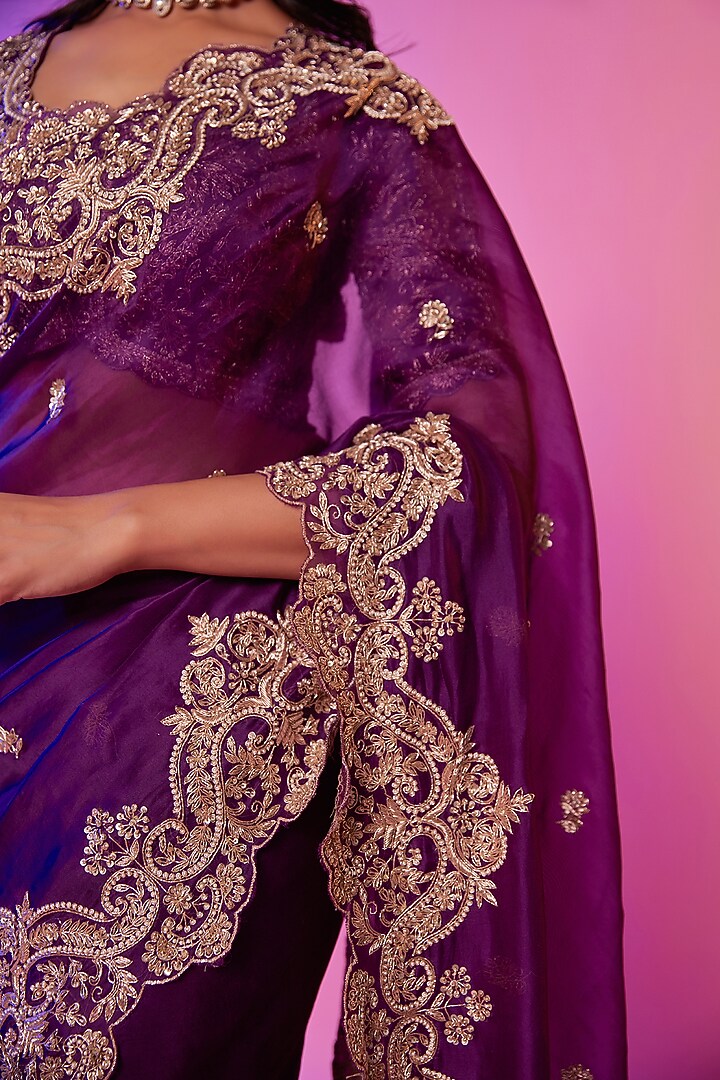 Purple Silk Organza Zardosi Embroidered Wedding Saree Set by JUHI SHEKHAWAT at Pernia's Pop Up Shop