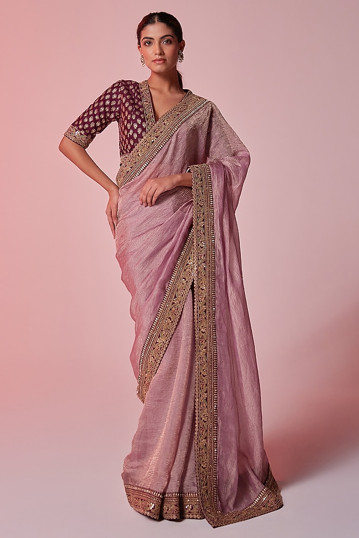 Lilac Crushed Tissue Zari Embroidered Wedding Saree Set by JUHI SHEKHAWAT at Pernia's Pop Up Shop