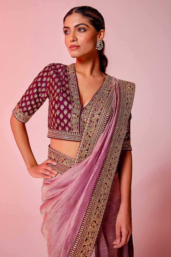 Lilac Crushed Tissue Zari Embroidered Wedding Saree Set by JUHI SHEKHAWAT at Pernia's Pop Up Shop