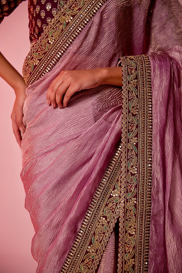 Lilac Crushed Tissue Zari Embroidered Wedding Saree Set by JUHI SHEKHAWAT at Pernia's Pop Up Shop