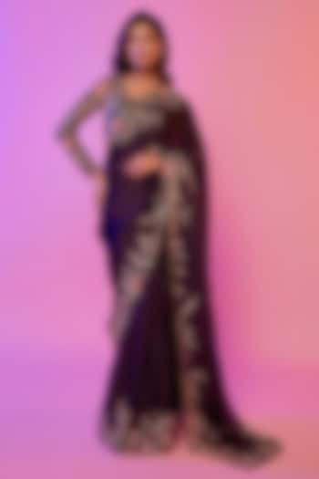 Wine Silk Organza Zardosi Embroidered Wedding Saree Set by JUHI SHEKHAWAT at Pernia's Pop Up Shop