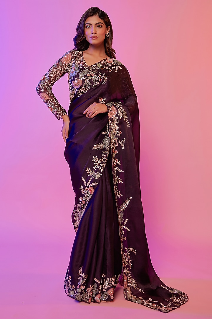 Wine Silk Organza Zardosi Embroidered Wedding Saree Set by JUHI SHEKHAWAT at Pernia's Pop Up Shop