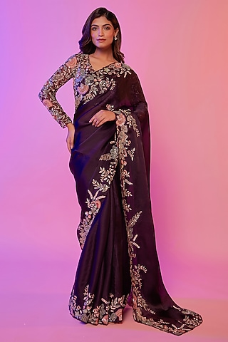 Wine Silk Organza Zardosi Embroidered Saree Set by JUHI SHEKHAWAT