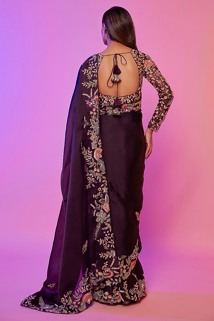 Wine Silk Organza Zardosi Embroidered Wedding Saree Set by JUHI SHEKHAWAT at Pernia's Pop Up Shop