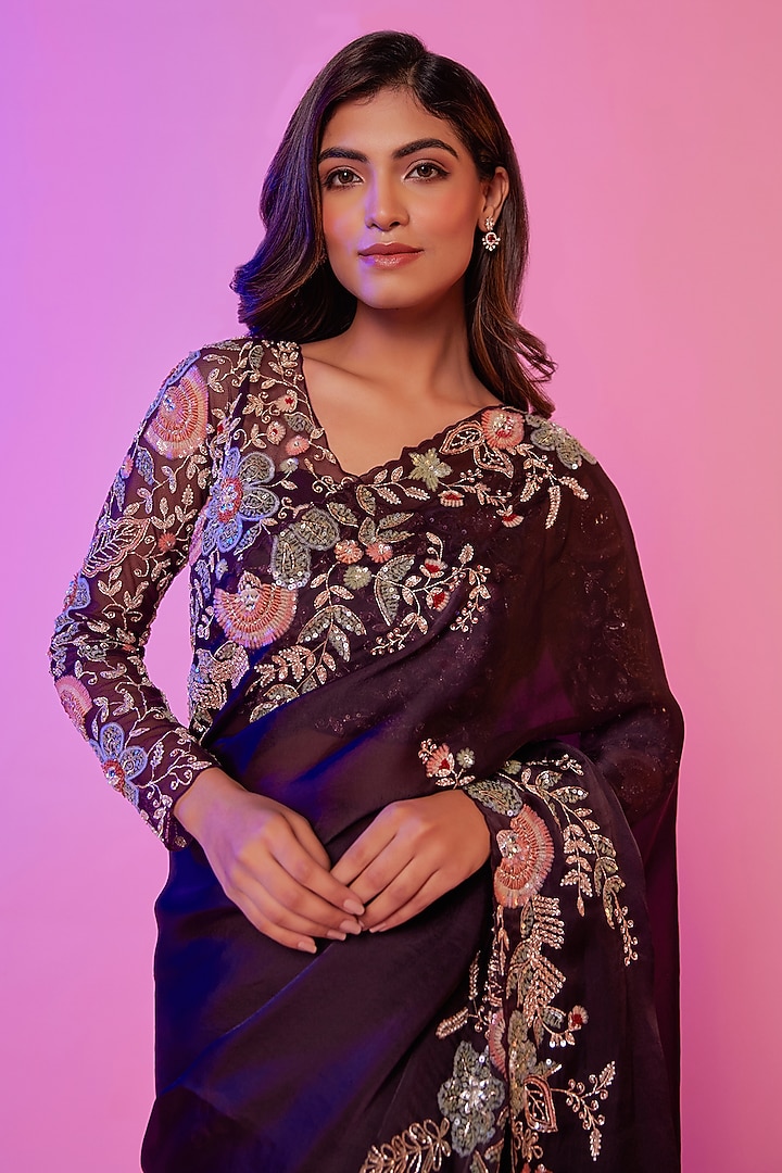 Wine Silk Organza Zardosi Embroidered Wedding Saree Set by JUHI SHEKHAWAT at Pernia's Pop Up Shop