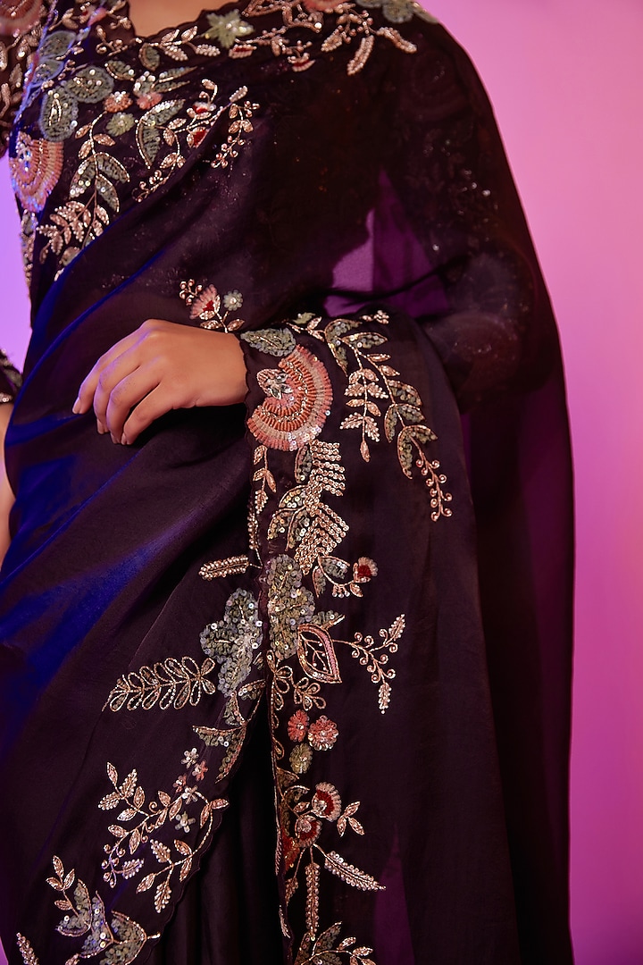 Wine Silk Organza Zardosi Embroidered Wedding Saree Set by JUHI SHEKHAWAT at Pernia's Pop Up Shop