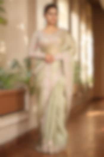 Pista Green Silk Organza Sequins & Zardosi Embroidered Wedding Saree Set by JUHI SHEKHAWAT at Pernia's Pop Up Shop