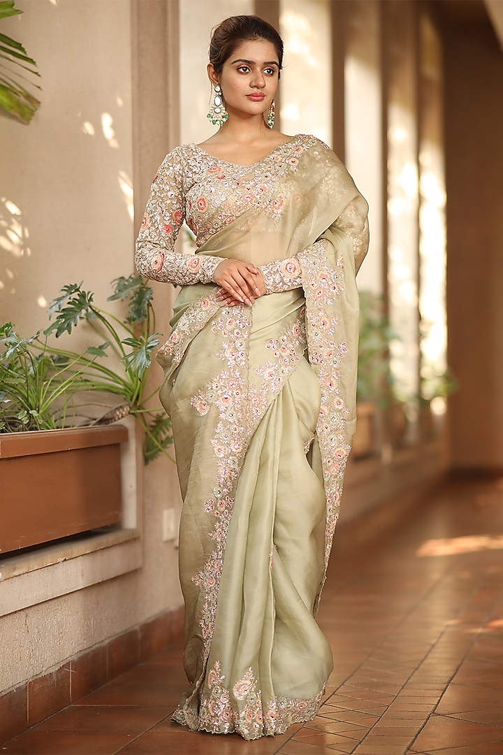 Pista Green Silk Organza Sequins & Zardosi Embroidered Wedding Saree Set by JUHI SHEKHAWAT at Pernia's Pop Up Shop