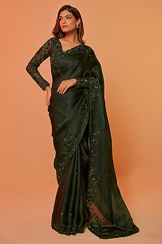 Green Silk Organza Cutdana Embroidered Saree Set by JUHI SHEKHAWAT