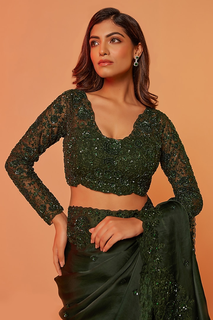 Green Silk Organza Cutdana Embroidered Wedding Saree Set by JUHI SHEKHAWAT at Pernia's Pop Up Shop
