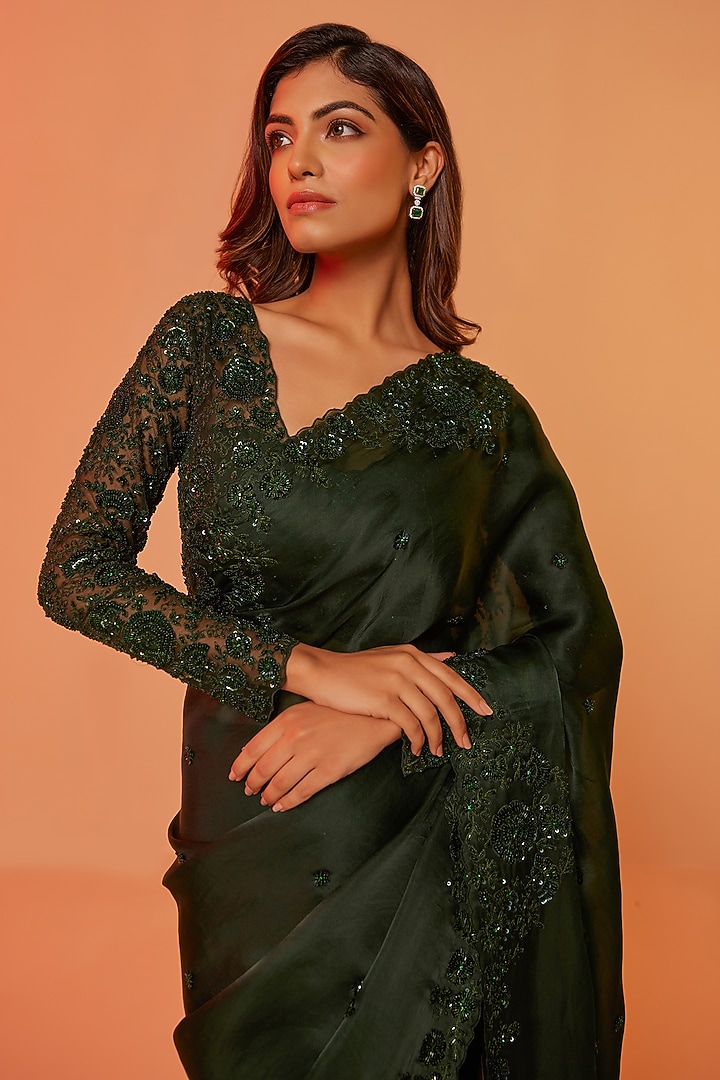 Green Silk Organza Cutdana Embroidered Wedding Saree Set by JUHI SHEKHAWAT at Pernia's Pop Up Shop