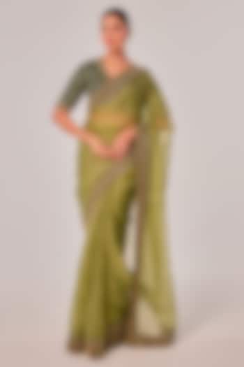 Olive Green Silk Organza Zardosi Embroidered Wedding Saree Set by JUHI SHEKHAWAT at Pernia's Pop Up Shop