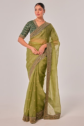 Olive Green Silk Organza Zardosi Embroidered Saree Set by JUHI SHEKHAWAT