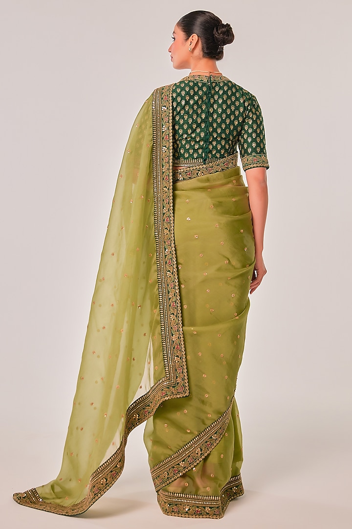 Olive Green Silk Organza Zardosi Embroidered Wedding Saree Set by JUHI SHEKHAWAT at Pernia's Pop Up Shop