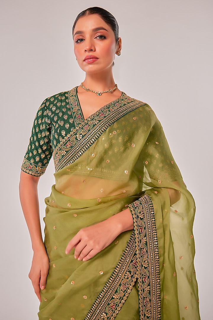 Olive Green Silk Organza Zardosi Embroidered Wedding Saree Set by JUHI SHEKHAWAT at Pernia's Pop Up Shop
