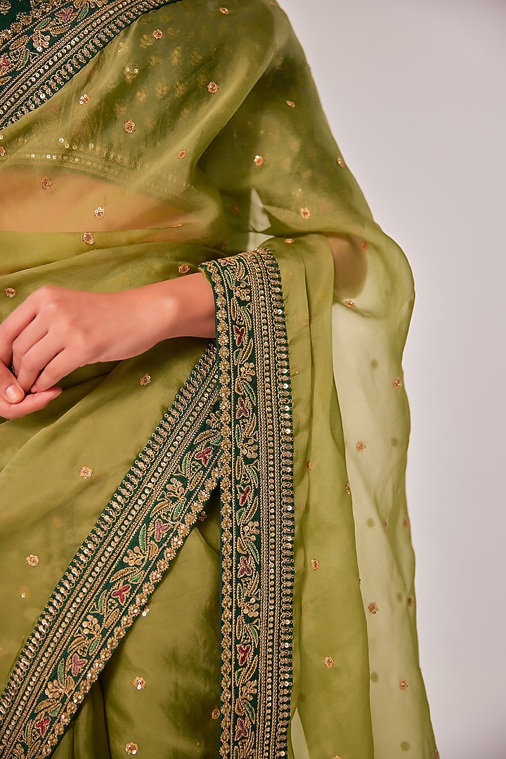 Olive Green Silk Organza Zardosi Embroidered Wedding Saree Set by JUHI SHEKHAWAT at Pernia's Pop Up Shop