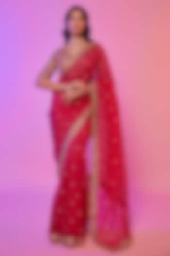 Rani Pink Silk Organza Sequins Embroidered Wedding Saree Set by JUHI SHEKHAWAT at Pernia's Pop Up Shop
