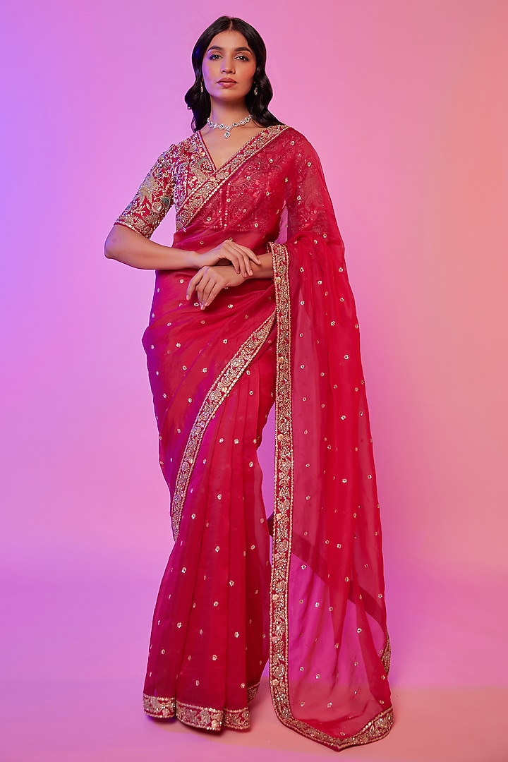 Rani Pink Silk Organza Sequins Embroidered Wedding Saree Set by JUHI SHEKHAWAT at Pernia's Pop Up Shop