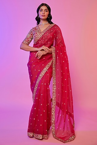 Rani Pink Silk Organza Sequins Embroidered Saree Set by JUHI SHEKHAWAT