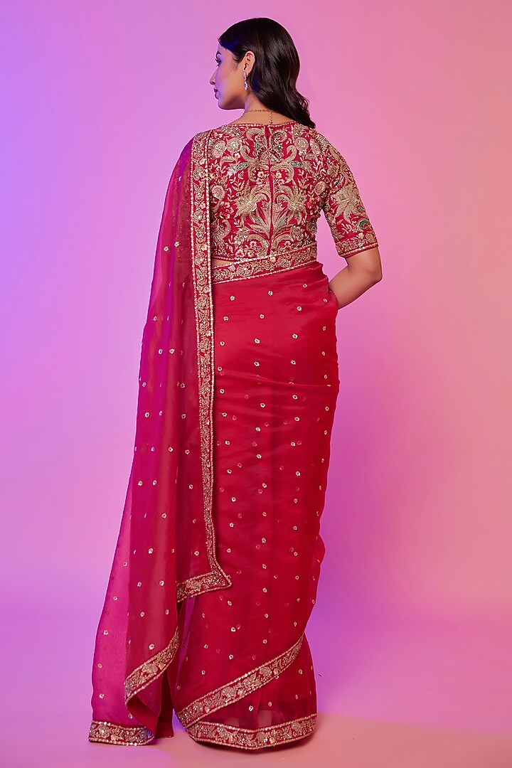Rani Pink Silk Organza Sequins Embroidered Wedding Saree Set by JUHI SHEKHAWAT at Pernia's Pop Up Shop
