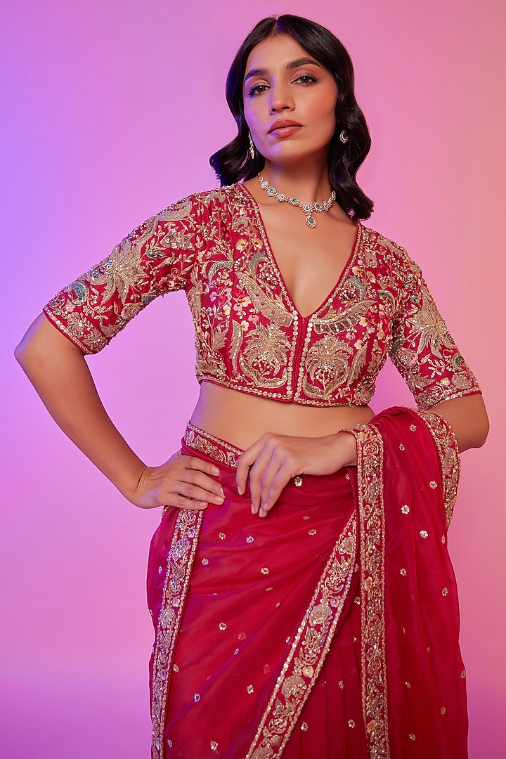 Rani Pink Silk Organza Sequins Embroidered Wedding Saree Set by JUHI SHEKHAWAT at Pernia's Pop Up Shop