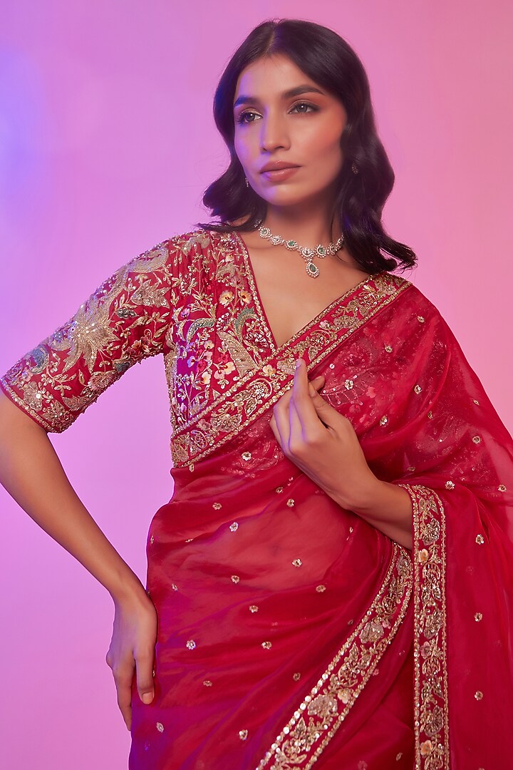 Rani Pink Silk Organza Sequins Embroidered Wedding Saree Set by JUHI SHEKHAWAT at Pernia's Pop Up Shop