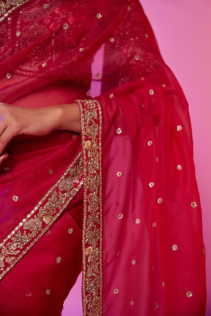 Rani Pink Silk Organza Sequins Embroidered Wedding Saree Set by JUHI SHEKHAWAT at Pernia's Pop Up Shop