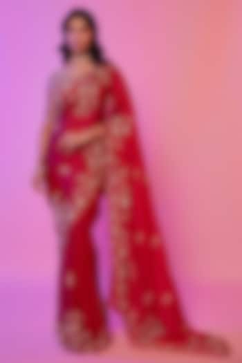 Rani Pink Silk Organza Sequins Embroidered Wedding Saree Set by JUHI SHEKHAWAT at Pernia's Pop Up Shop