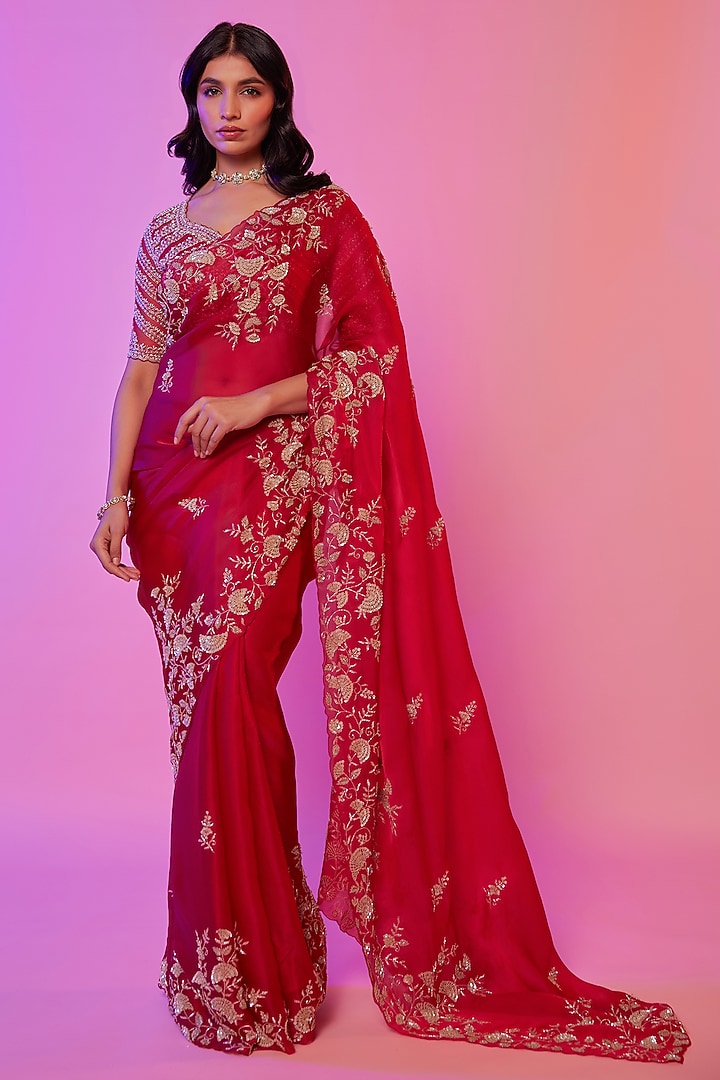 Rani Pink Silk Organza Sequins Embroidered Wedding Saree Set by JUHI SHEKHAWAT at Pernia's Pop Up Shop