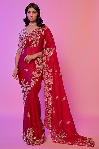 Rani Pink Silk Organza Sequins Embroidered Saree Set by JUHI SHEKHAWAT