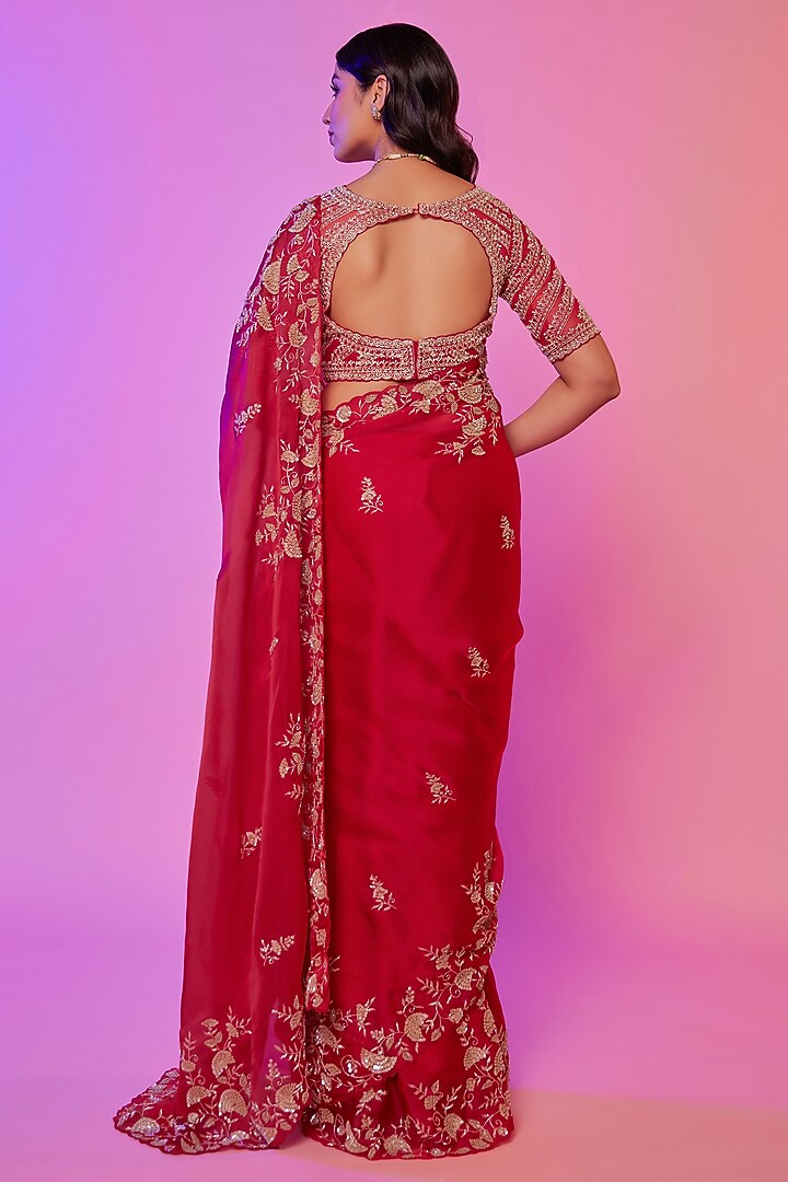 Rani Pink Silk Organza Sequins Embroidered Wedding Saree Set by JUHI SHEKHAWAT at Pernia's Pop Up Shop