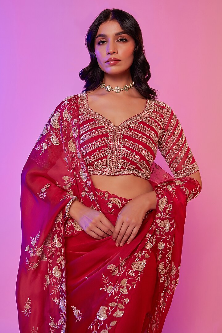 Rani Pink Silk Organza Sequins Embroidered Wedding Saree Set by JUHI SHEKHAWAT at Pernia's Pop Up Shop