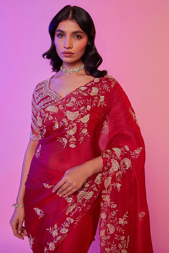 Rani Pink Silk Organza Sequins Embroidered Wedding Saree Set by JUHI SHEKHAWAT at Pernia's Pop Up Shop